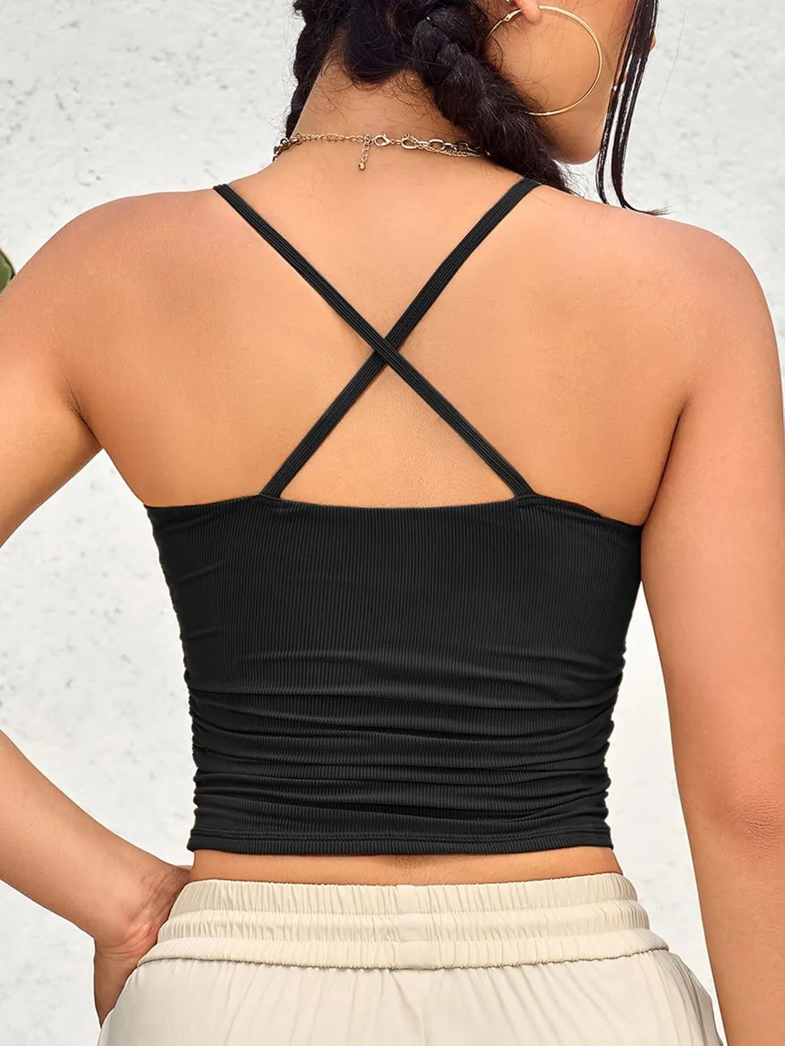 Camisole with Built in Bra for Women Crisscross Back Spaghetti Strap Yoga Bra Workout Crop Tank Tops