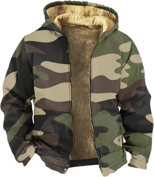 Camo Hoodie Mens Full Zip Sherpa Sweatshirts Fleece Hoodies Heavyweight Jackets Plus Size Warm Thick Coat With Pocket