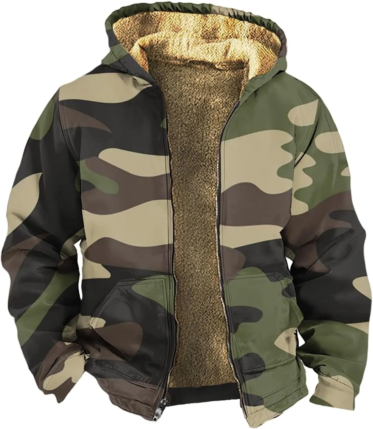 Camo Hoodie Mens Full Zip Sherpa Sweatshirts Fleece Hoodies Heavyweight Jackets Plus Size Warm Thick Coat With Pocket
