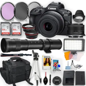 Canon EOS R100 Mirrorless Camera with 18-45mm is STM Lens and 420-800mm Telephoto Lens   LED Video Light, 2pc 64GB Memory Cards, Wideangle and Telephoto Lens, Tripod, Case, Filters & More (Renewed)
