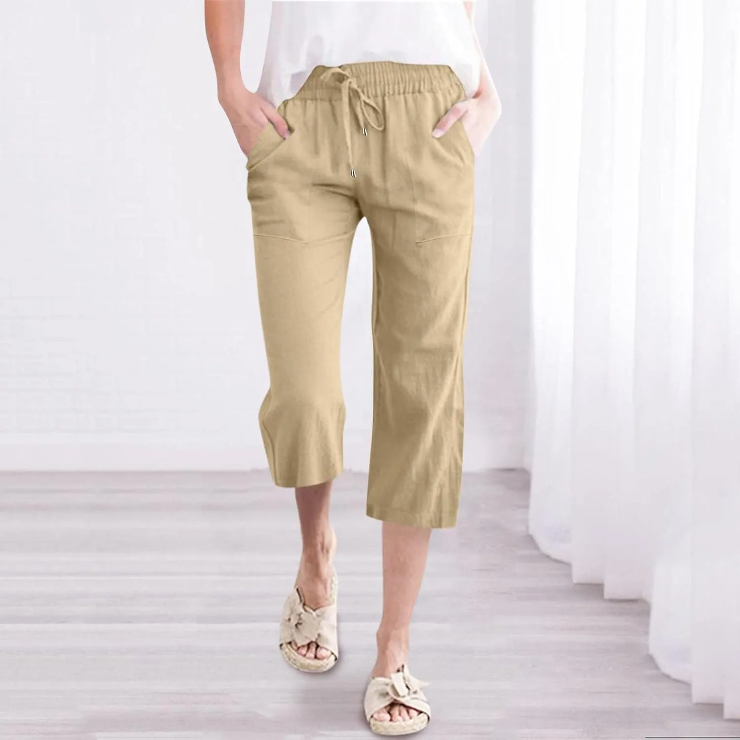 Capri Pants For Women Casual Summer Linen Elastic Waist Drawstring Pants Summer Lounge Plus Size Cropped Trousers
