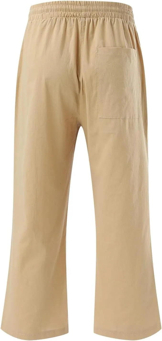 Capri Pants For Women Casual Summer Linen Elastic Waist Drawstring Pants Summer Lounge Plus Size Cropped Trousers
