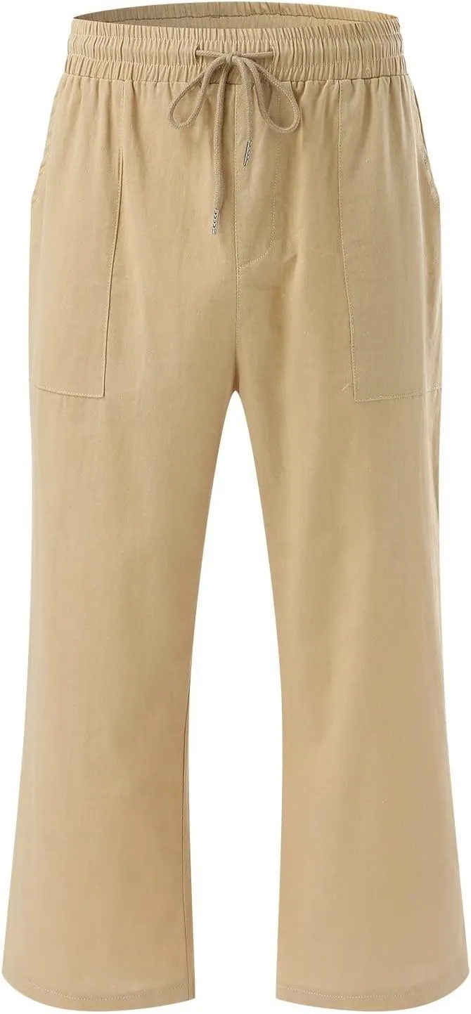 Capri Pants For Women Casual Summer Linen Elastic Waist Drawstring Pants Summer Lounge Plus Size Cropped Trousers