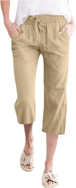 Capri Pants For Women Casual Summer Linen Elastic Waist Drawstring Pants Summer Lounge Plus Size Cropped Trousers