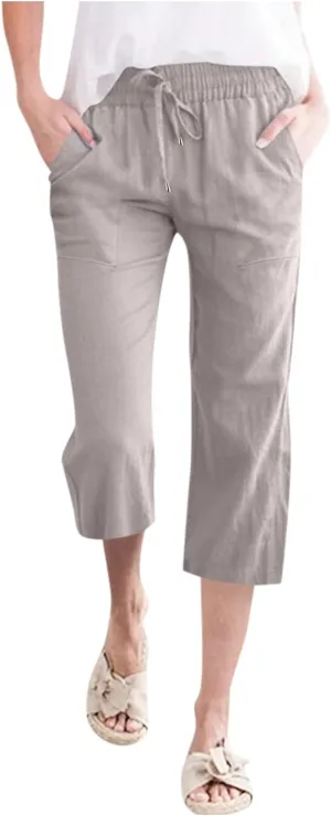 Capris For Women Petite Length Wide Leg Cotton Linen Summer Beach Vacation Cropped Trouser Loose Fit 2024 Sweatpant