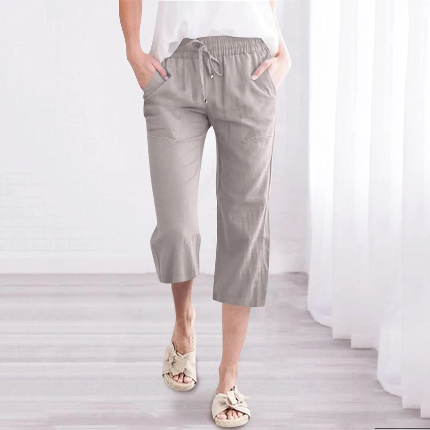 Capris For Women Petite Length Wide Leg Cotton Linen Summer Beach Vacation Cropped Trouser Loose Fit 2024 Sweatpant