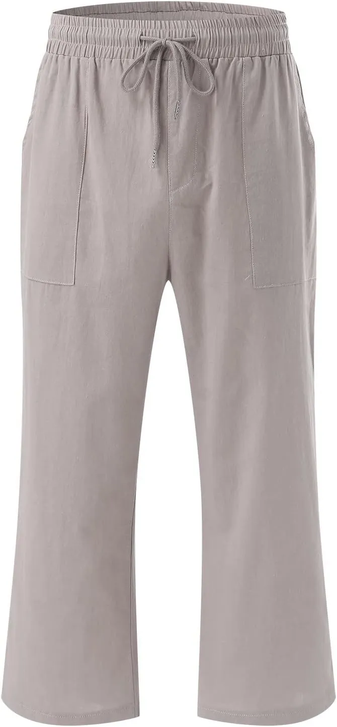 Capris For Women Petite Length Wide Leg Cotton Linen Summer Beach Vacation Cropped Trouser Loose Fit 2024 Sweatpant