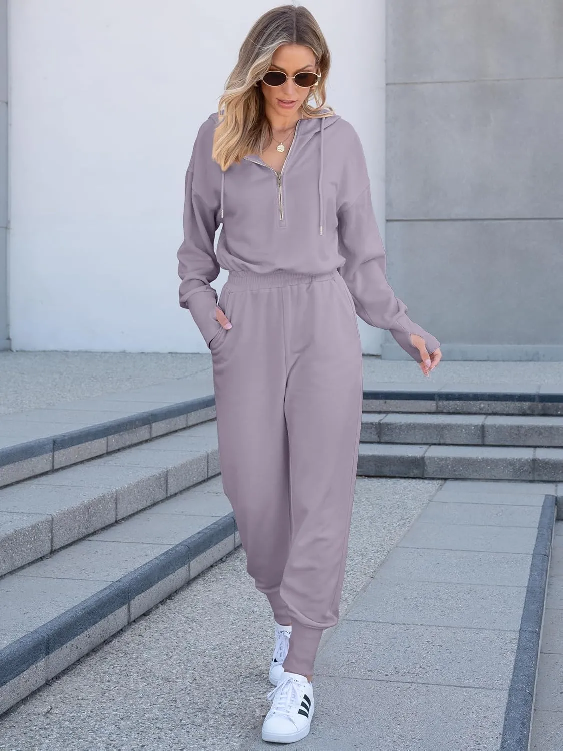Caracilia Jumpsuits for Women Fall Casual Sweatsuits Long Sleeve Zip Sweatshirts Jogger Sweatpants One Piece Romper Outfits