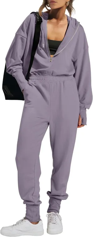 Caracilia Jumpsuits for Women Fall Casual Sweatsuits Long Sleeve Zip Sweatshirts Jogger Sweatpants One Piece Romper Outfits