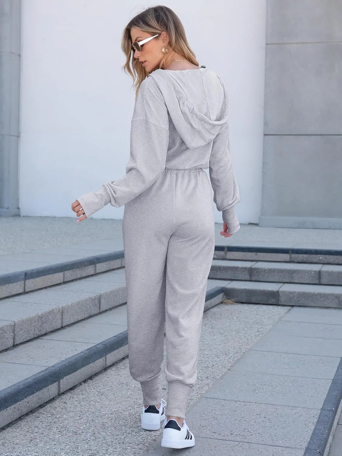 Caracilia Jumpsuits for Women Fall Casual Sweatsuits Long Sleeve Zip Sweatshirts Jogger Sweatpants One Piece Romper Outfits