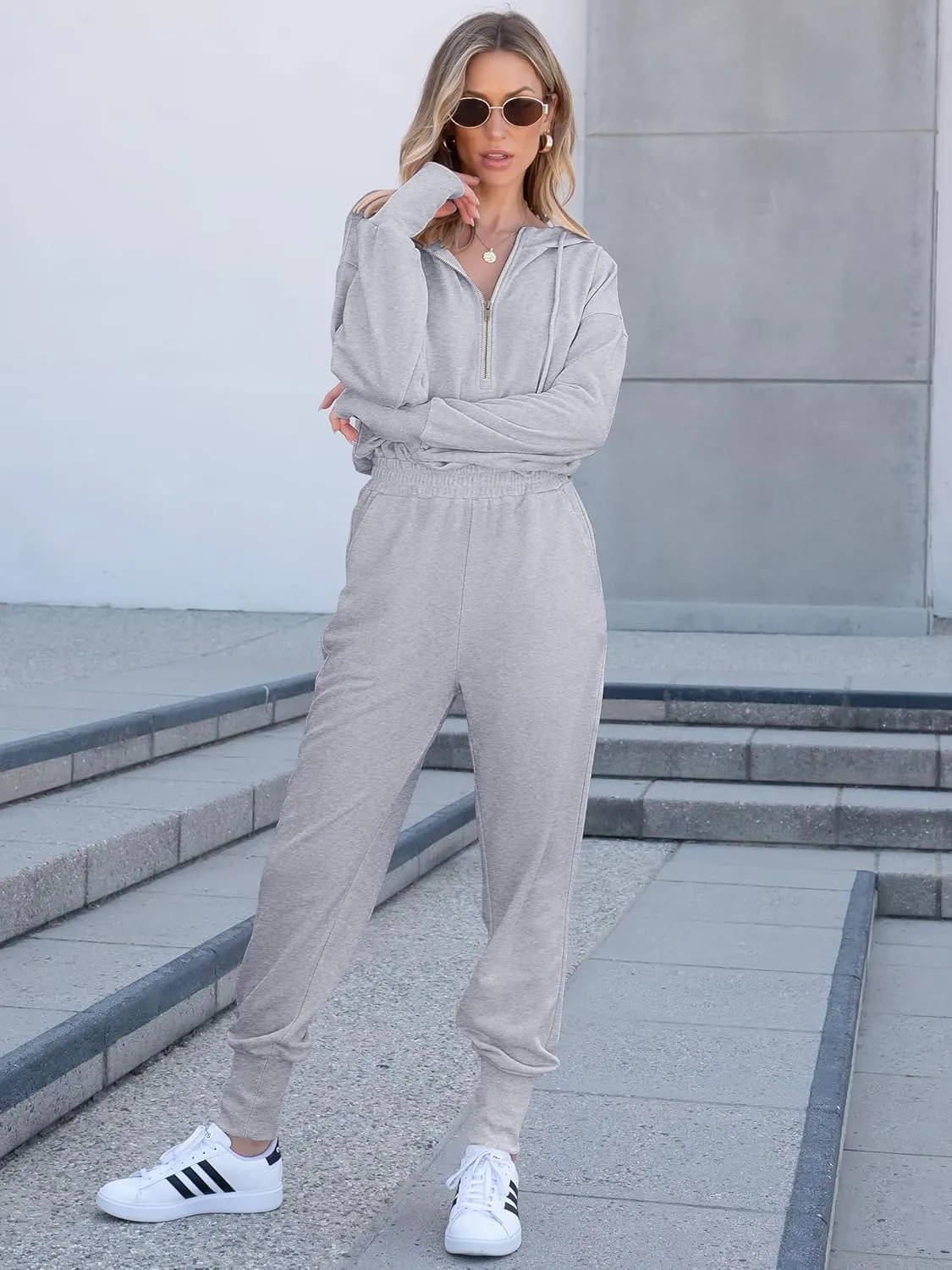 Caracilia Jumpsuits for Women Fall Casual Sweatsuits Long Sleeve Zip Sweatshirts Jogger Sweatpants One Piece Romper Outfits