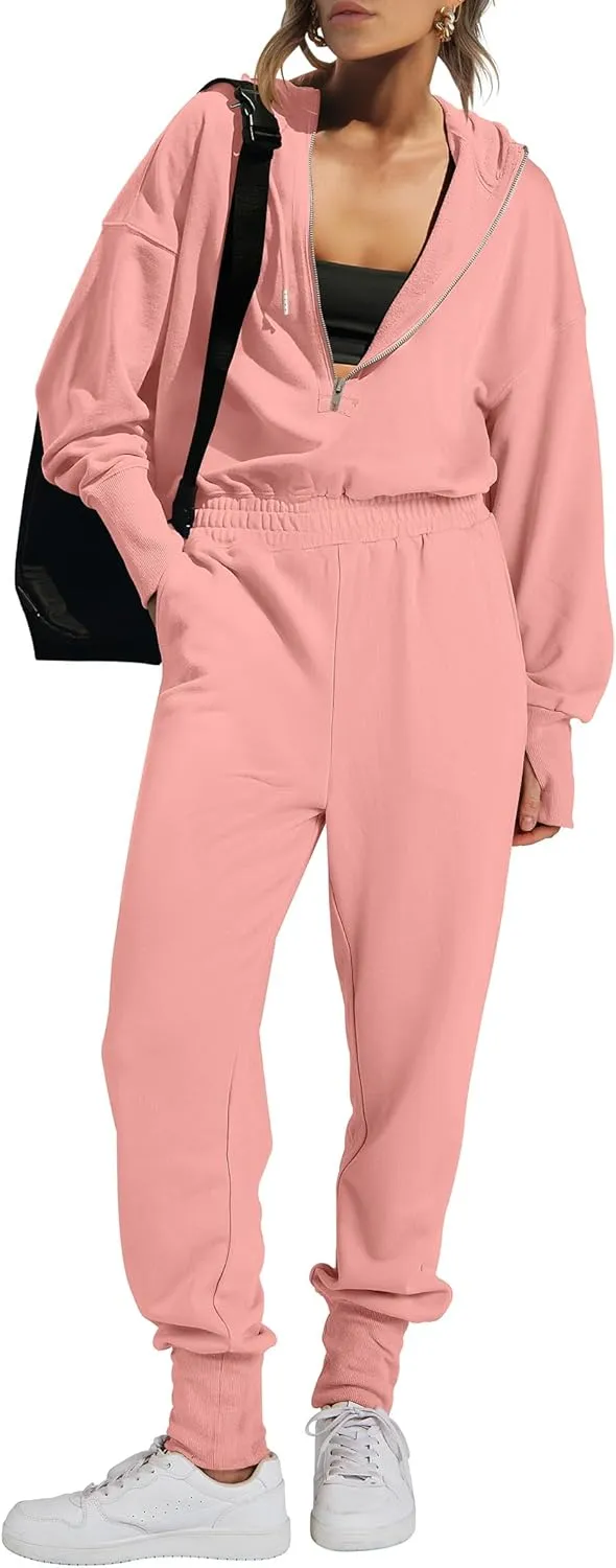 Caracilia Jumpsuits for Women Fall Casual Sweatsuits Long Sleeve Zip Sweatshirts Jogger Sweatpants One Piece Romper Outfits