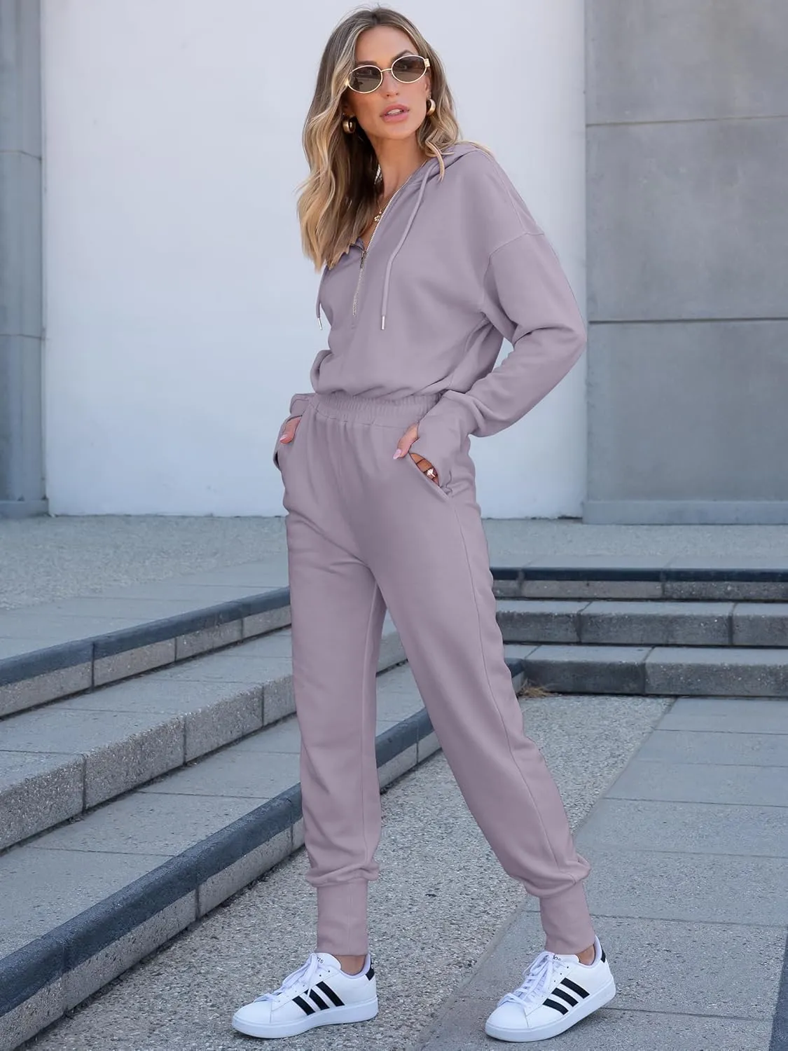 Caracilia Jumpsuits for Women Fall Casual Sweatsuits Long Sleeve Zip Sweatshirts Jogger Sweatpants One Piece Romper Outfits