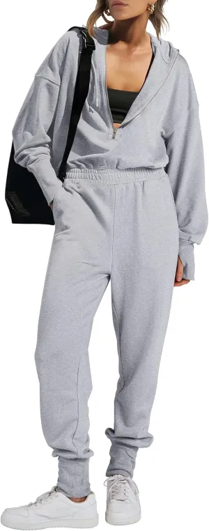 Caracilia Jumpsuits for Women Fall Casual Sweatsuits Long Sleeve Zip Sweatshirts Jogger Sweatpants One Piece Romper Outfits
