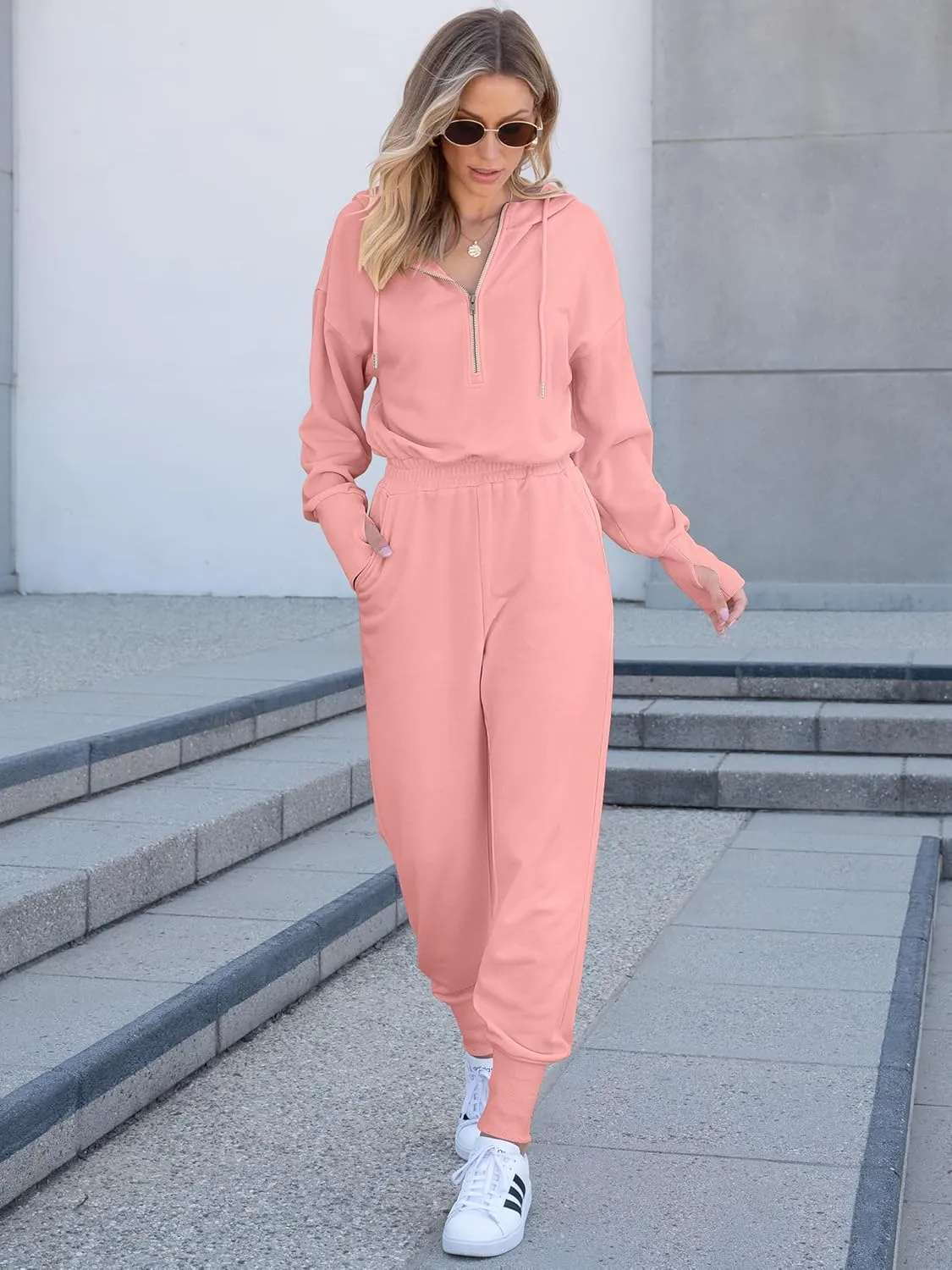Caracilia Jumpsuits for Women Fall Casual Sweatsuits Long Sleeve Zip Sweatshirts Jogger Sweatpants One Piece Romper Outfits