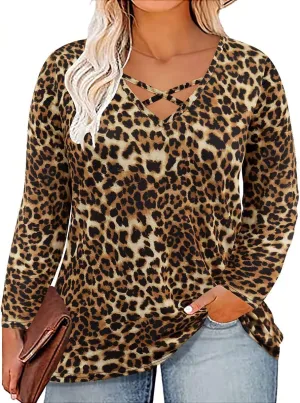 CARCOS Plus Size Tops for Women Long Sleeve Fall Tunic Color Block Camo/Plaid/Leopard/Fall Blouse Crewneck Tshirt XL-5XL