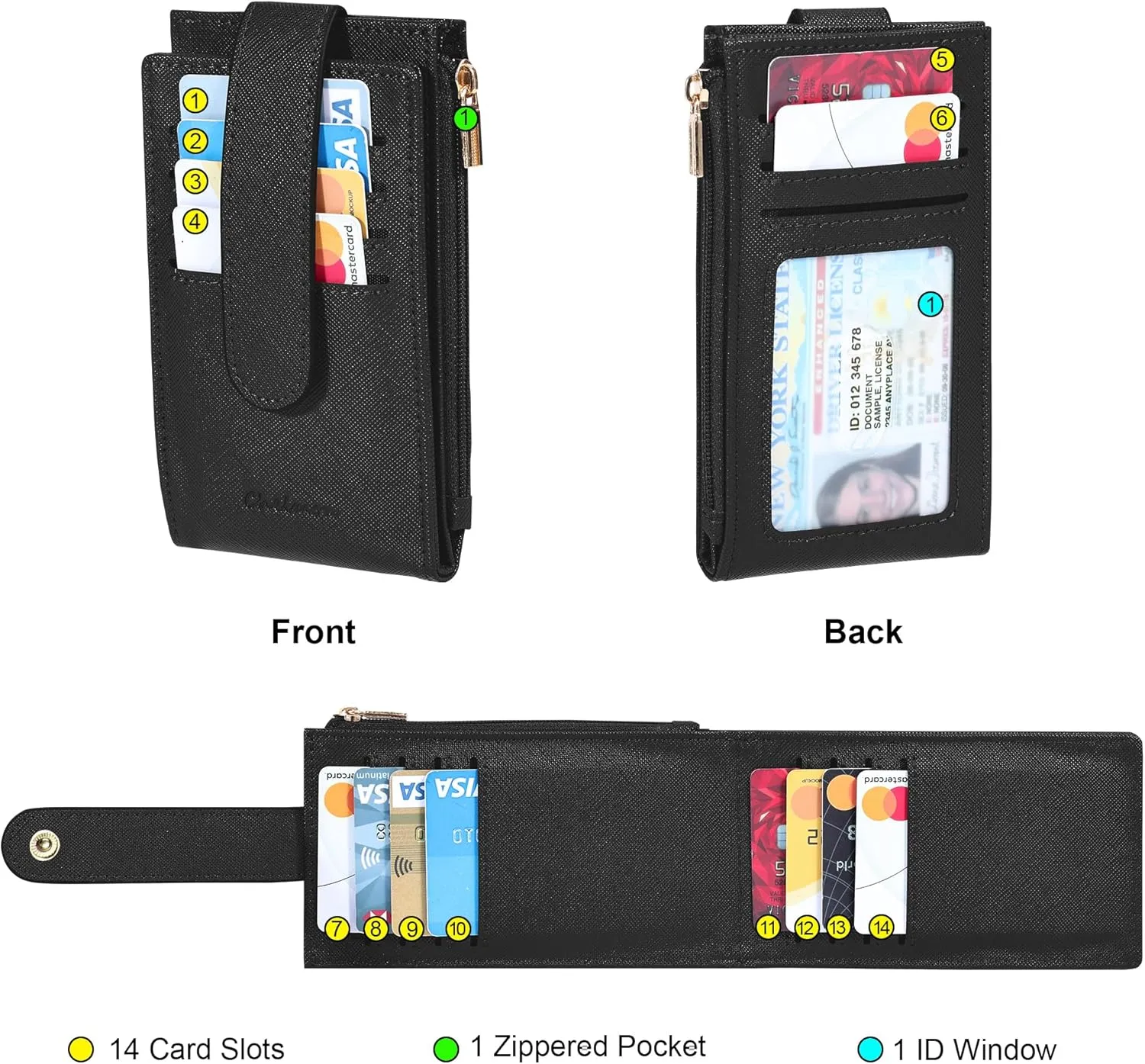 Chelmon Womens Wallet Slim RFID Blocking Bifold Multi Card Case Wallet with Zipper Pocket (Black)