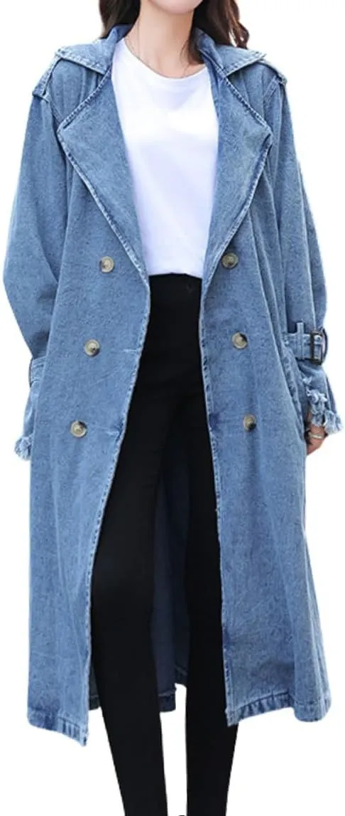 chouyatou Women Double Breasted Notch lapel Button Down Midi Long Denim Jean Jacket Trench Coat with Belt