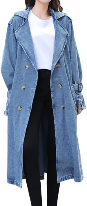 chouyatou Women Double Breasted Notch lapel Button Down Midi Long Denim Jean Jacket Trench Coat with Belt