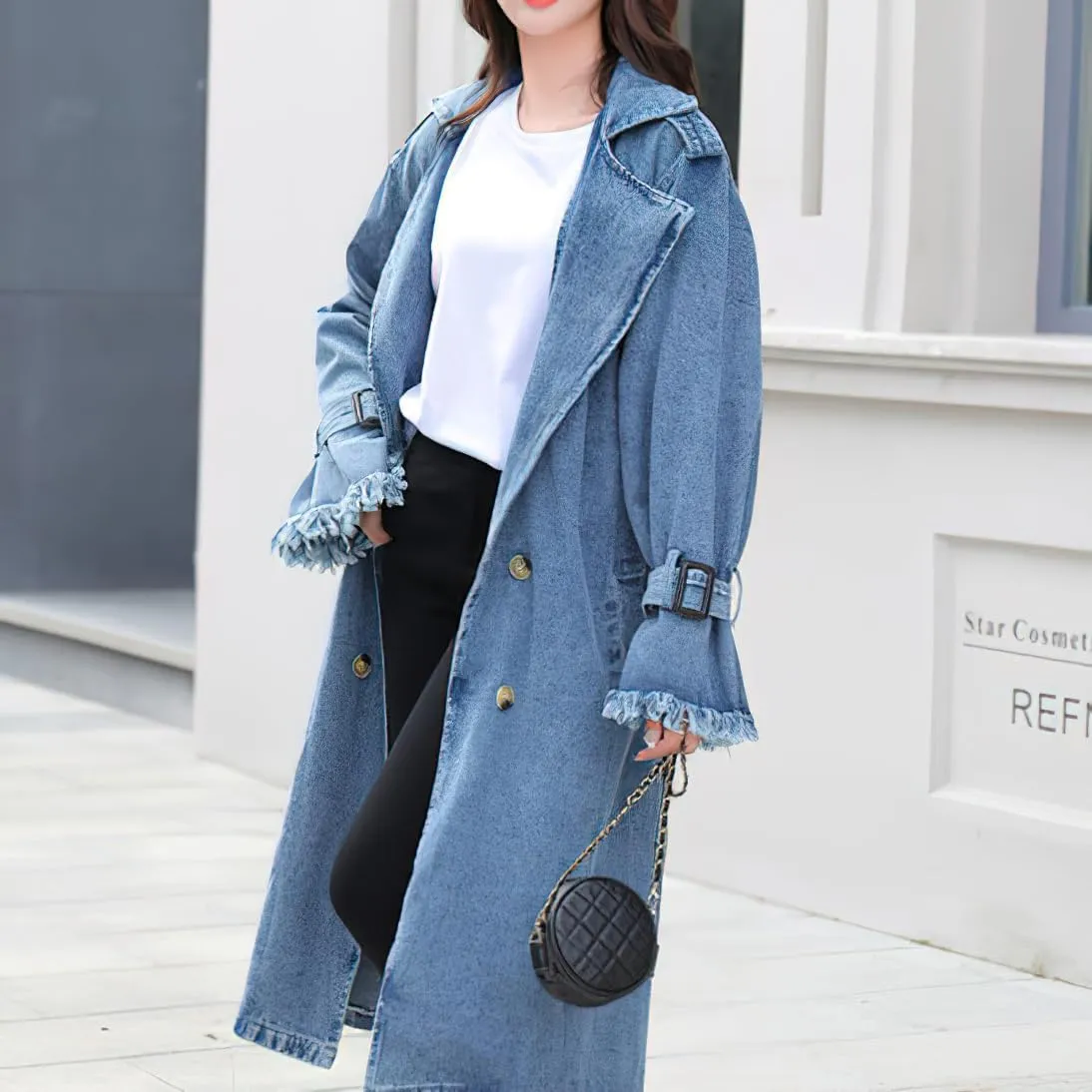 chouyatou Women Double Breasted Notch lapel Button Down Midi Long Denim Jean Jacket Trench Coat with Belt