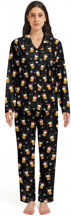 Christmas beer Womens Long-Sleeve Shirt and Full-Length Bottom Pajama Set Sleepwear Loungewear