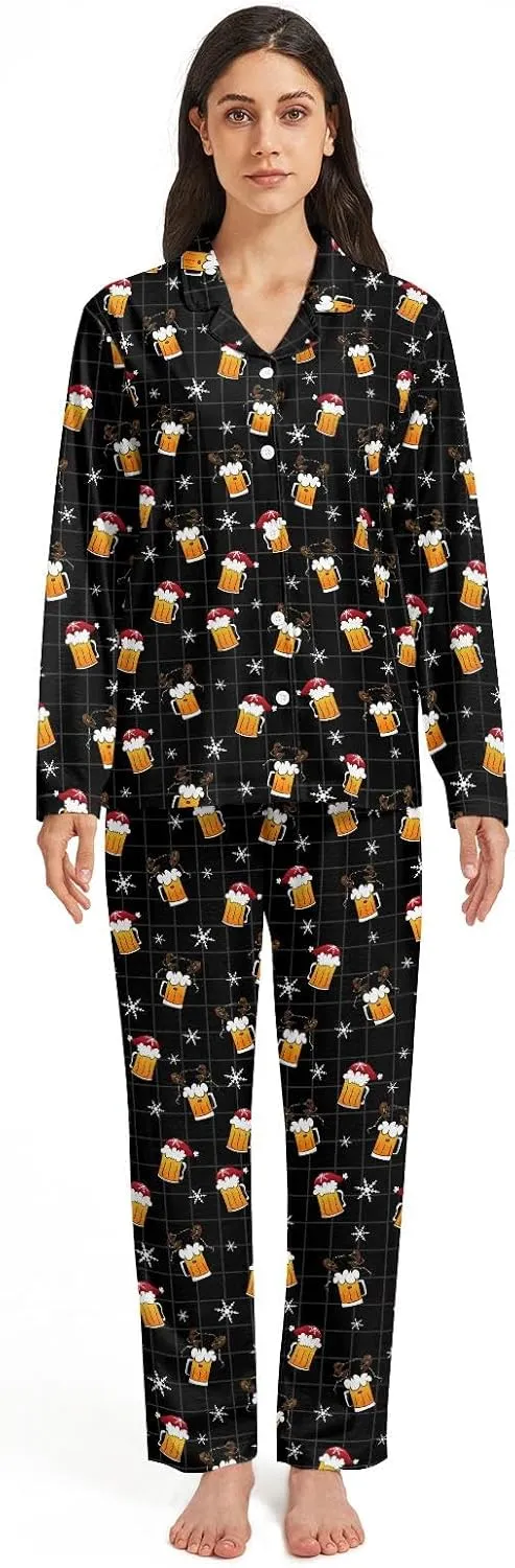 Christmas beer Womens Long-Sleeve Shirt and Full-Length Bottom Pajama Set Sleepwear Loungewear