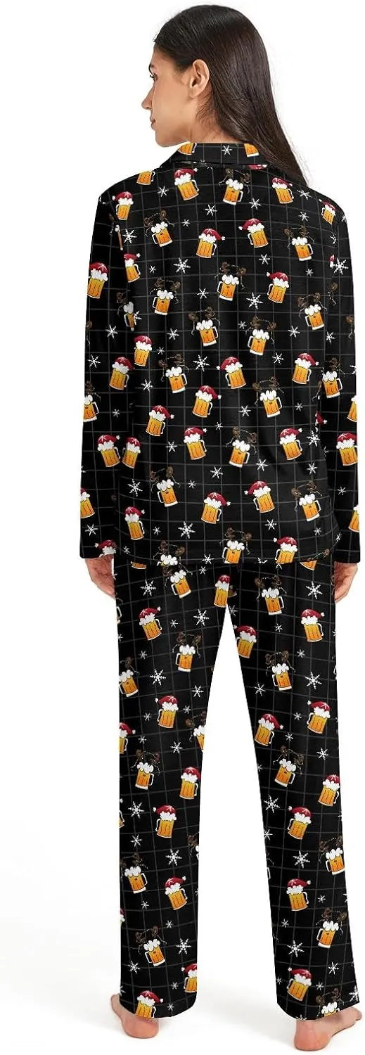 Christmas beer Womens Long-Sleeve Shirt and Full-Length Bottom Pajama Set Sleepwear Loungewear