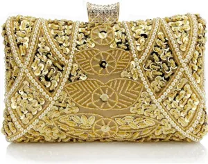 Clutch Bag for Women Evening Purse with Detachable Straps Pearl Sequin Hard Shell Lock Handbag for Wedding Party