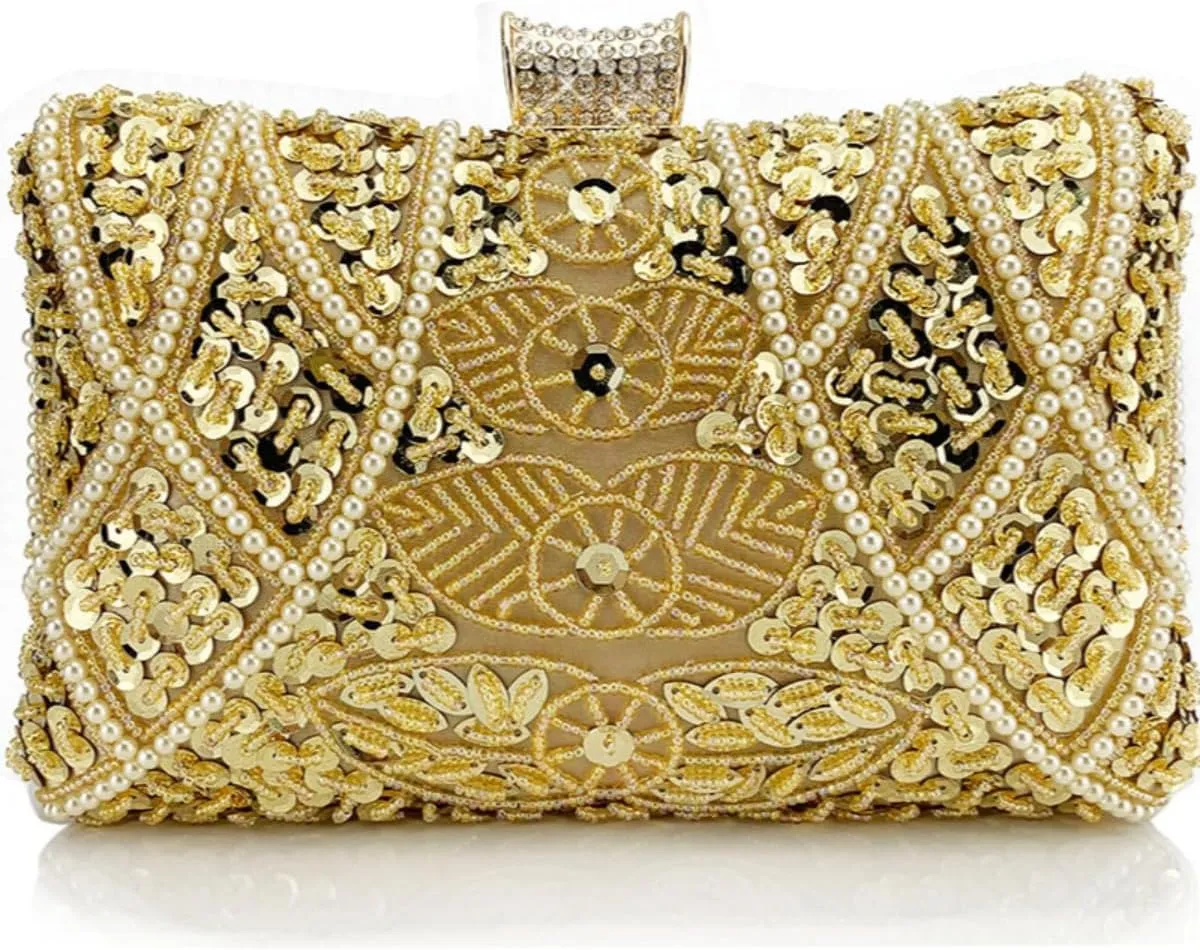 Clutch Bag for Women Evening Purse with Detachable Straps Pearl Sequin Hard Shell Lock Handbag for Wedding Party