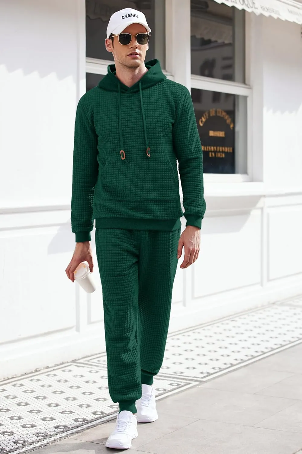 COOFANDY Men's Tracksuit 2 Piece Hoodie Sweatsuit Sets Casual Athletic Jogging Suits Waffle Plaid Jacquard Outfits