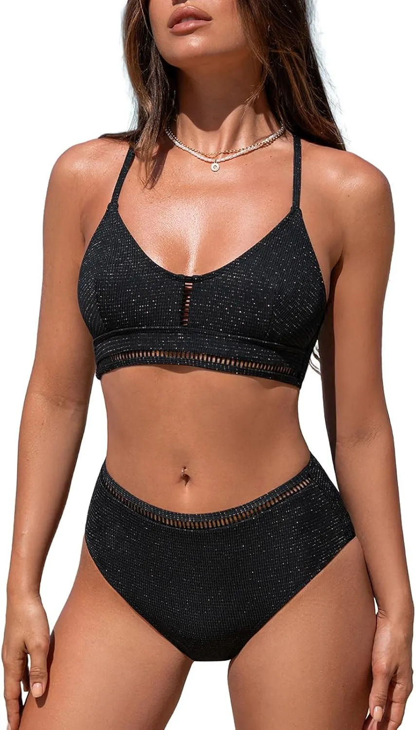 CUPSHE Women's Bikini Sets Scoop Neck Trapezoidal Lace Trim Adjustable Crisscross Straps Ruffled Side Bathing Suit Glitter