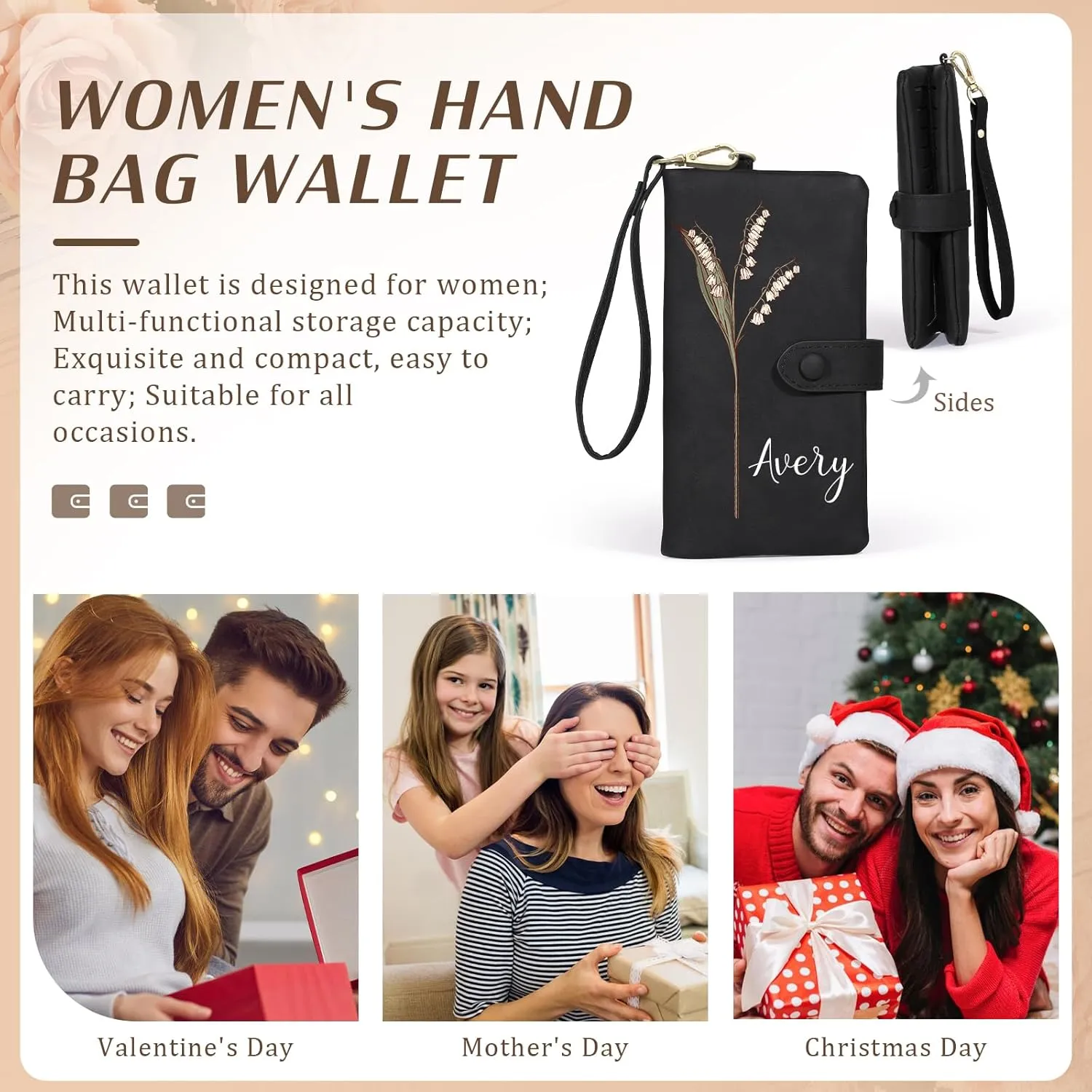 Custom Leather Wallet for Women - Personalized Ladies Wallet with Birthflower & Name - Womens Wallets PU Leather Gifts for Women Mothers Day Gifts for Her (Black)