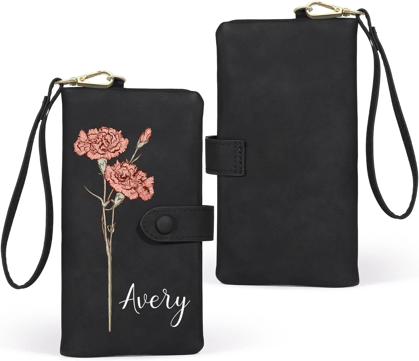 Custom Leather Wallet for Women - Personalized Ladies Wallet with Birthflower & Name - Womens Wallets PU Leather Gifts for Women Mothers Day Gifts for Her (Black)