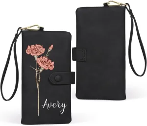 Custom Leather Wallet for Women - Personalized Ladies Wallet with Birthflower & Name - Womens Wallets PU Leather Gifts for Women Mothers Day Gifts for Her (Black)