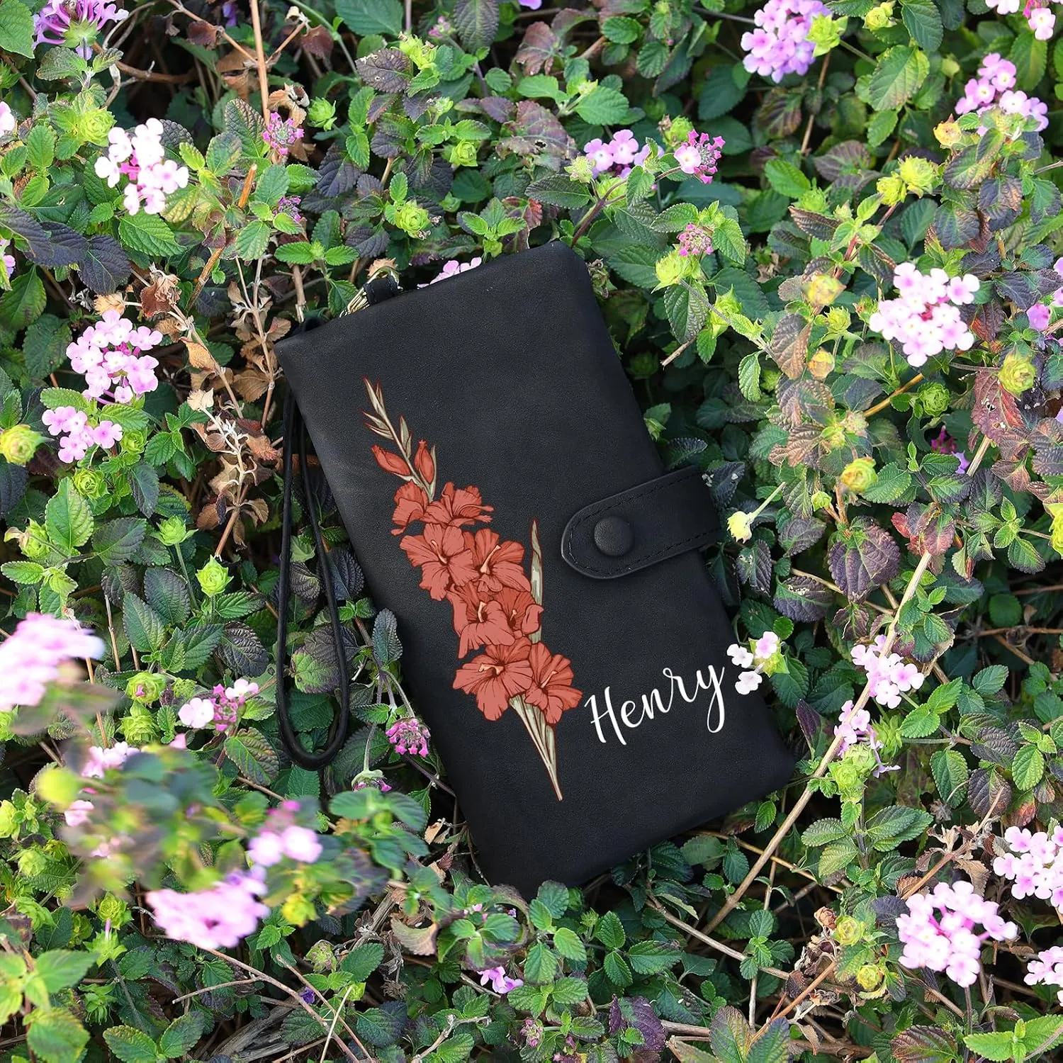 Custom Leather Wallet for Women - Personalized Ladies Wallet with Birthflower & Name - Womens Wallets PU Leather Gifts for Women Mothers Day Gifts for Her (Black)