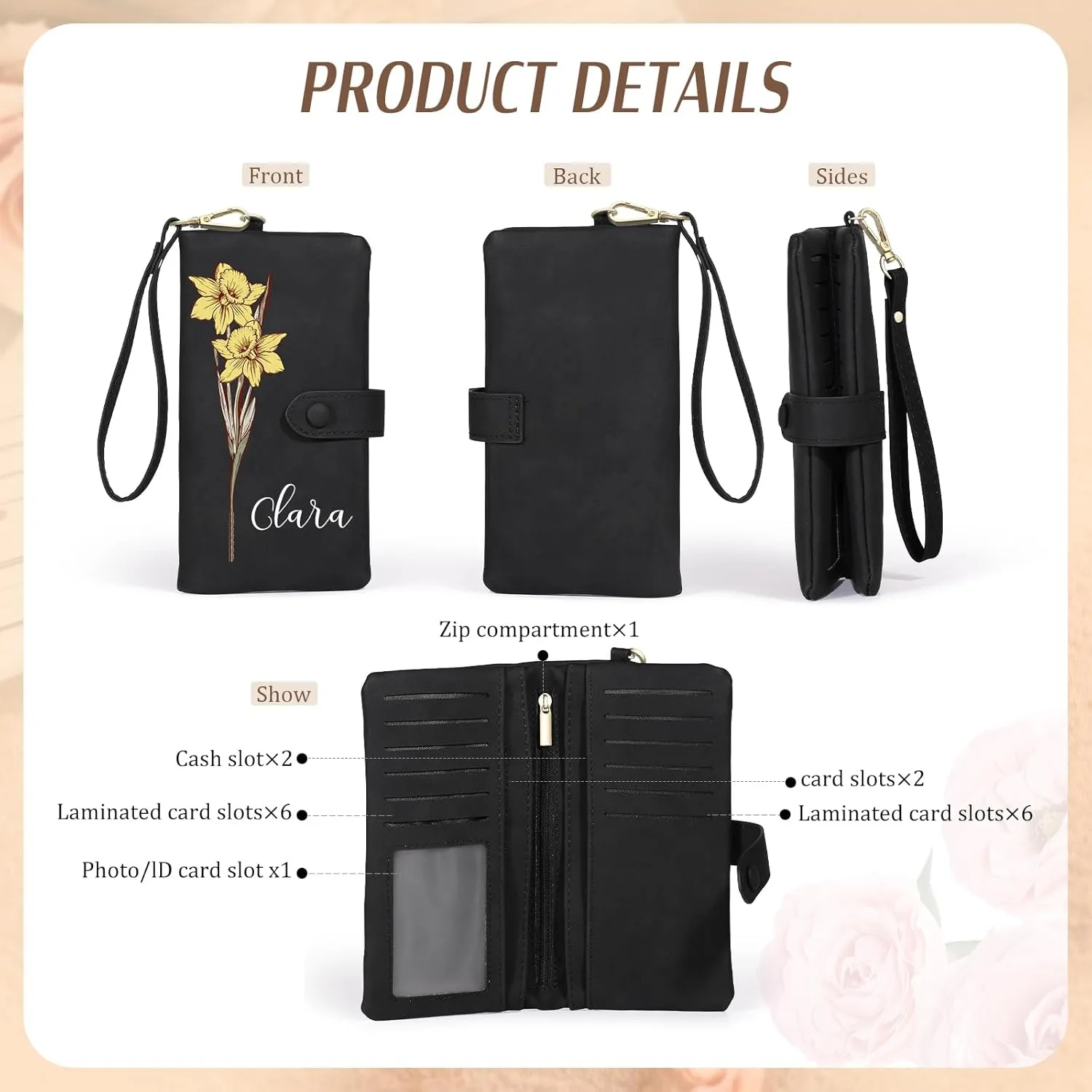 Custom Leather Wallet for Women - Personalized Ladies Wallet with Birthflower & Name - Womens Wallets PU Leather Gifts for Women Mothers Day Gifts for Her (Black)