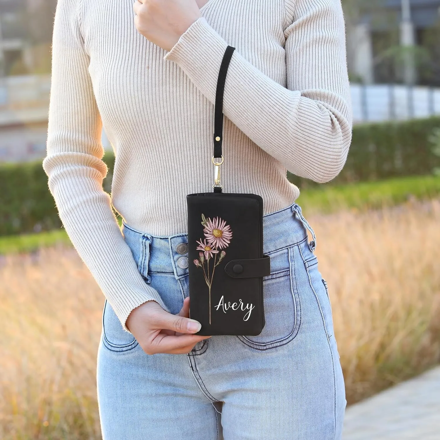 Custom Leather Wallet for Women - Personalized Ladies Wallet with Birthflower & Name - Womens Wallets PU Leather Gifts for Women Mothers Day Gifts for Her (Black)