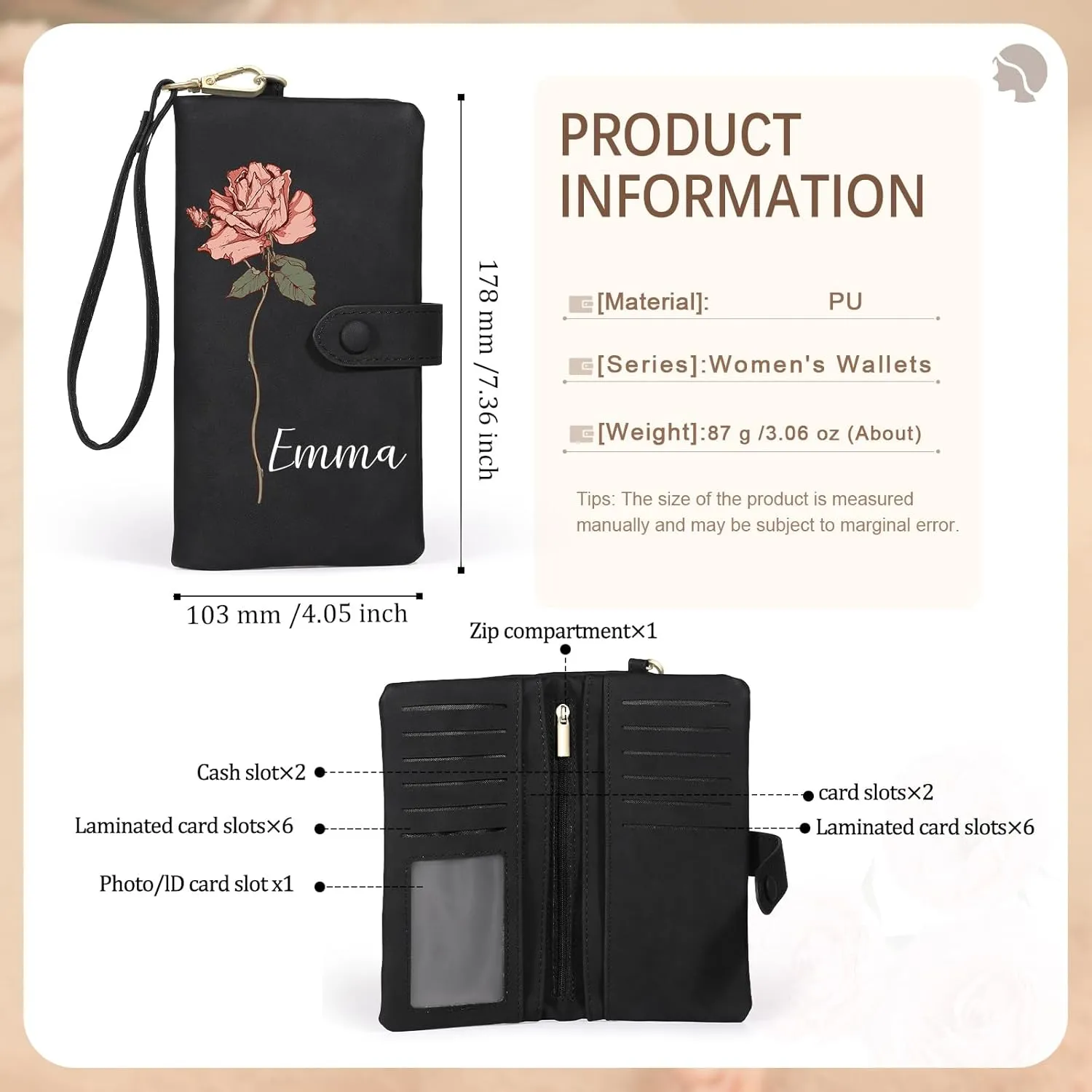 Custom Leather Wallet for Women - Personalized Ladies Wallet with Birthflower & Name - Womens Wallets PU Leather Gifts for Women Mothers Day Gifts for Her (Black)