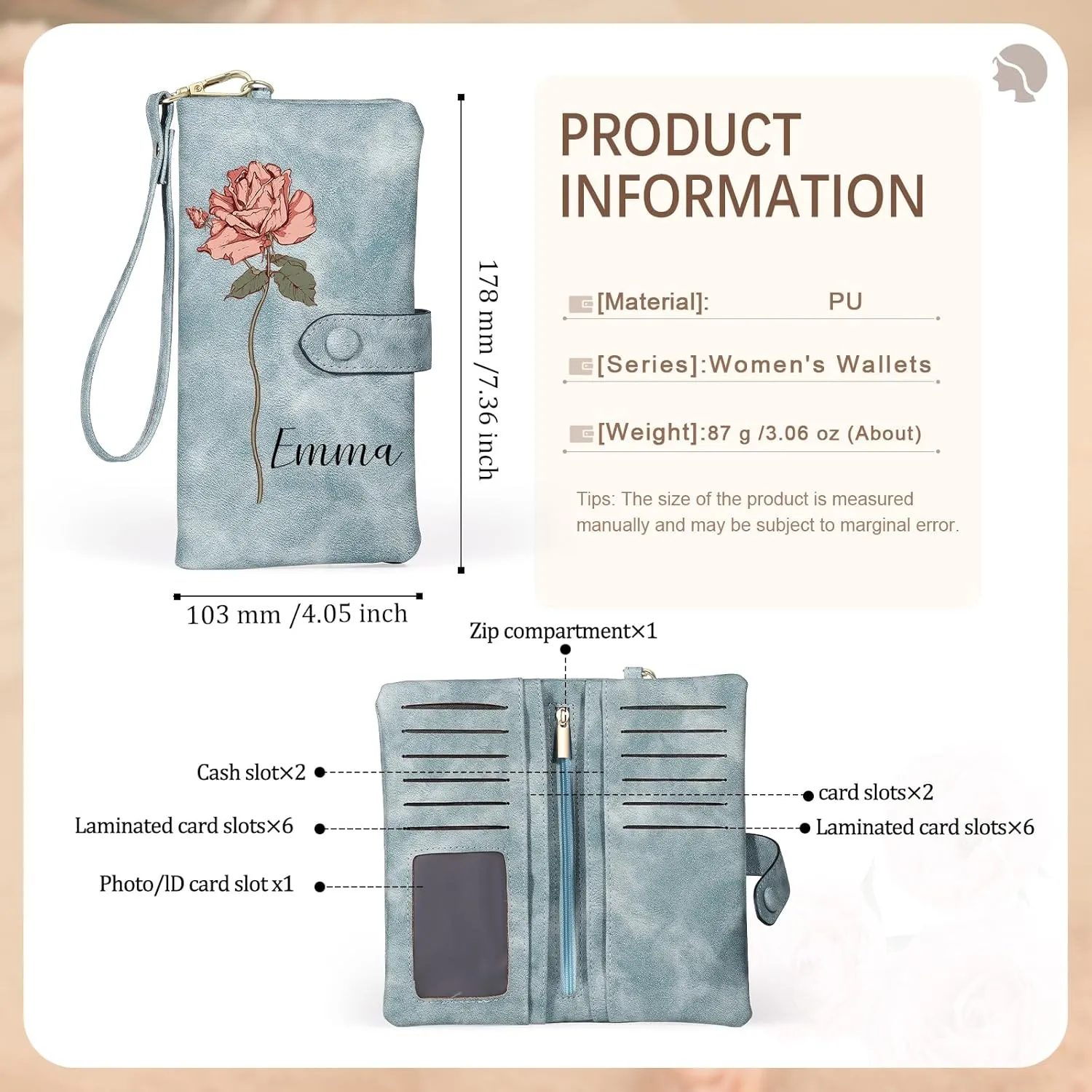 Custom Leather Wallet for Women - Personalized Ladies Wallet with Birthflower & Name - Womens Wallets PU Leather Gifts for Women Mothers Day Gifts for Her (Blue)