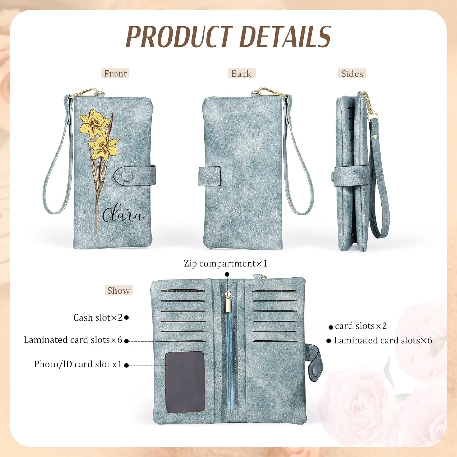 Custom Leather Wallet for Women - Personalized Ladies Wallet with Birthflower & Name - Womens Wallets PU Leather Gifts for Women Mothers Day Gifts for Her (Blue)