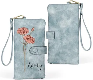 Custom Leather Wallet for Women - Personalized Ladies Wallet with Birthflower & Name - Womens Wallets PU Leather Gifts for Women Mothers Day Gifts for Her (Blue)