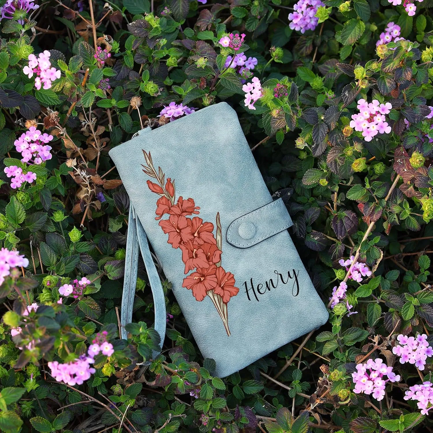 Custom Leather Wallet for Women - Personalized Ladies Wallet with Birthflower & Name - Womens Wallets PU Leather Gifts for Women Mothers Day Gifts for Her (Blue)