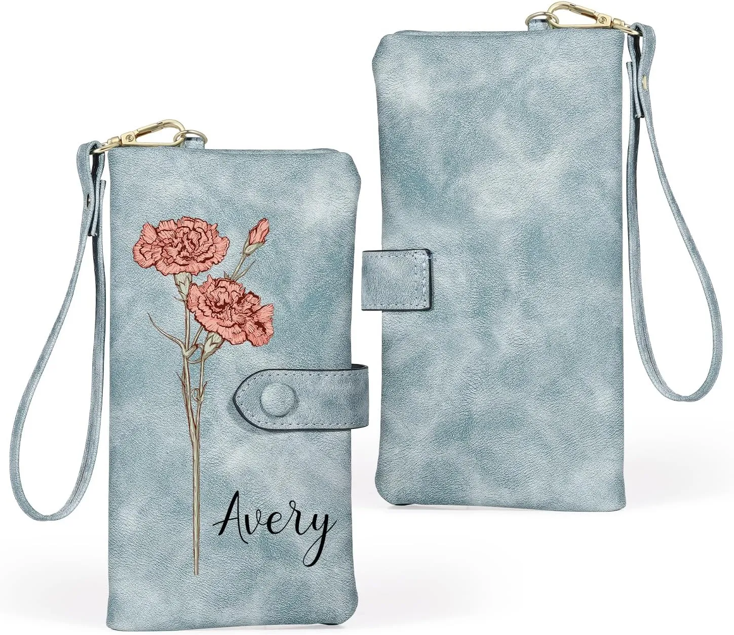 Custom Leather Wallet for Women - Personalized Ladies Wallet with Birthflower & Name - Womens Wallets PU Leather Gifts for Women Mothers Day Gifts for Her (Blue)