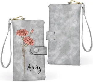 Custom Leather Wallet for Women - Personalized Ladies Wallet with Birthflower & Name - Womens Wallets PU Leather Gifts for Women Mothers Day Gifts for Her (Grey)