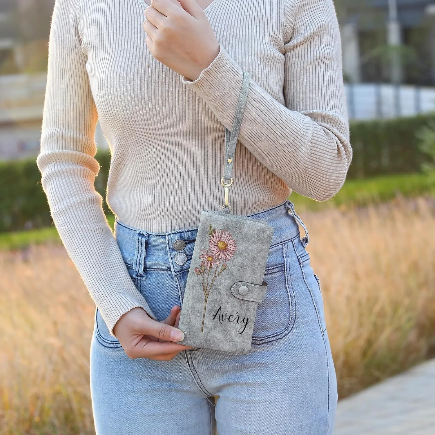 Custom Leather Wallet for Women - Personalized Ladies Wallet with Birthflower & Name - Womens Wallets PU Leather Gifts for Women Mothers Day Gifts for Her (Grey)