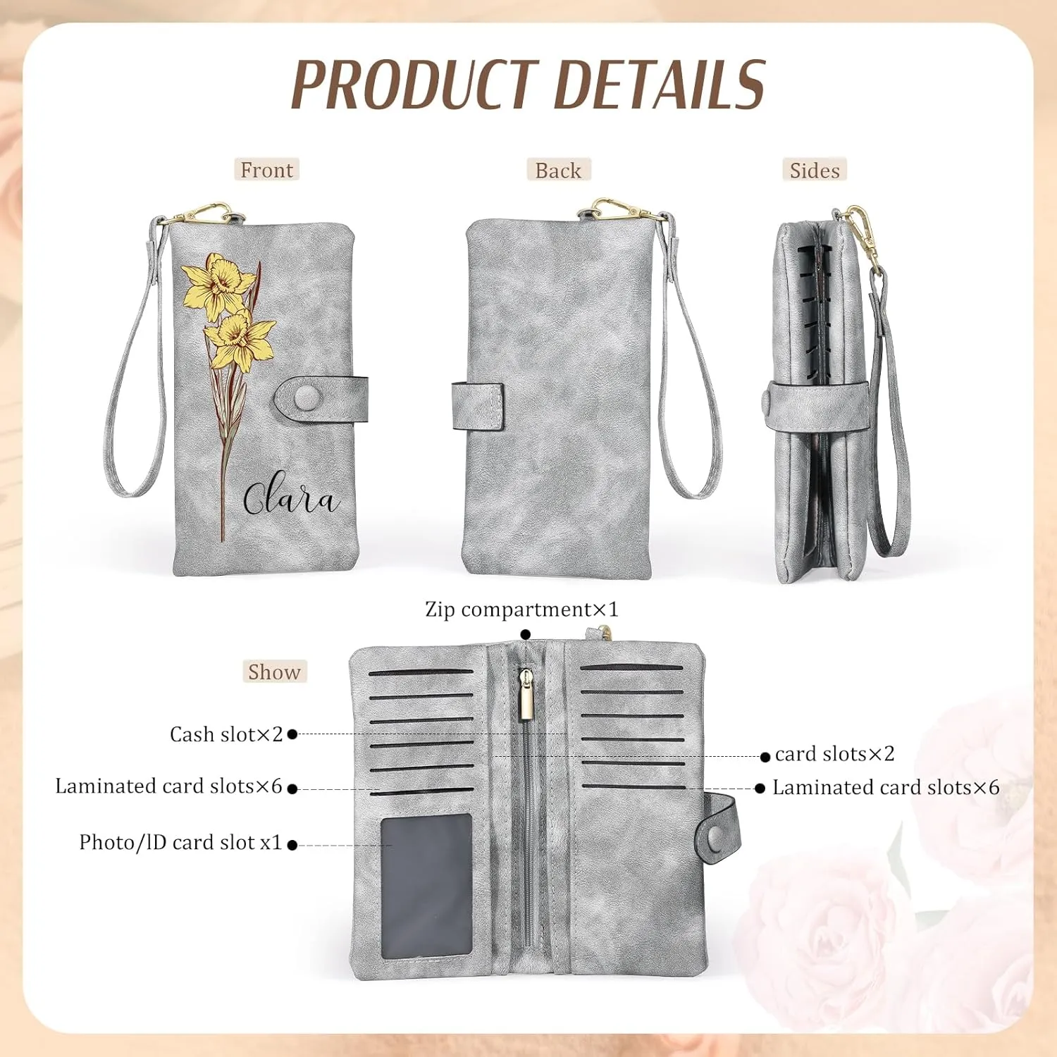 Custom Leather Wallet for Women - Personalized Ladies Wallet with Birthflower & Name - Womens Wallets PU Leather Gifts for Women Mothers Day Gifts for Her (Grey)