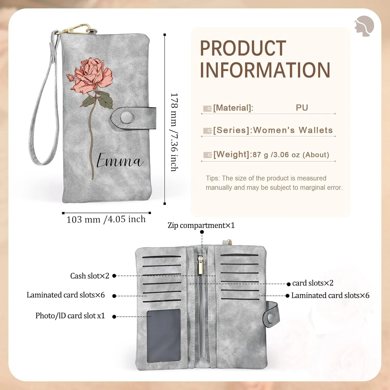 Custom Leather Wallet for Women - Personalized Ladies Wallet with Birthflower & Name - Womens Wallets PU Leather Gifts for Women Mothers Day Gifts for Her (Grey)