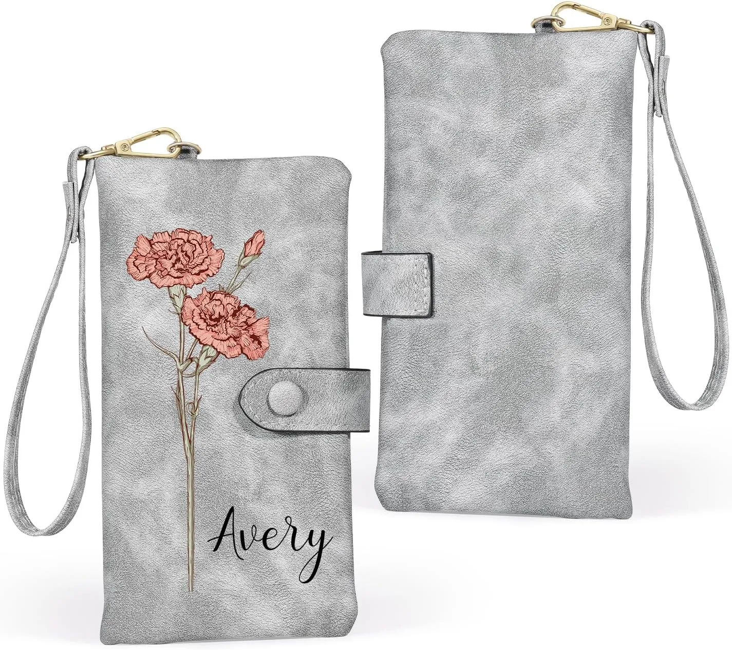 Custom Leather Wallet for Women - Personalized Ladies Wallet with Birthflower & Name - Womens Wallets PU Leather Gifts for Women Mothers Day Gifts for Her (Grey)