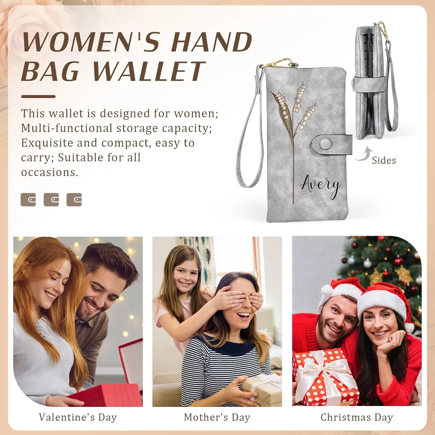 Custom Leather Wallet for Women - Personalized Ladies Wallet with Birthflower & Name - Womens Wallets PU Leather Gifts for Women Mothers Day Gifts for Her (Grey)