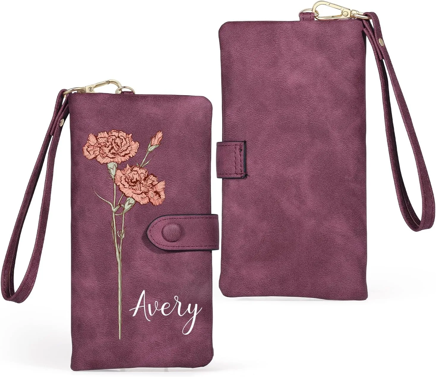 Custom Leather Wallet for Women - Personalized Ladies Wallet with Birthflower & Name - Womens Wallets PU Leather Gifts for Women Mothers Day Gifts for Her (Purple)